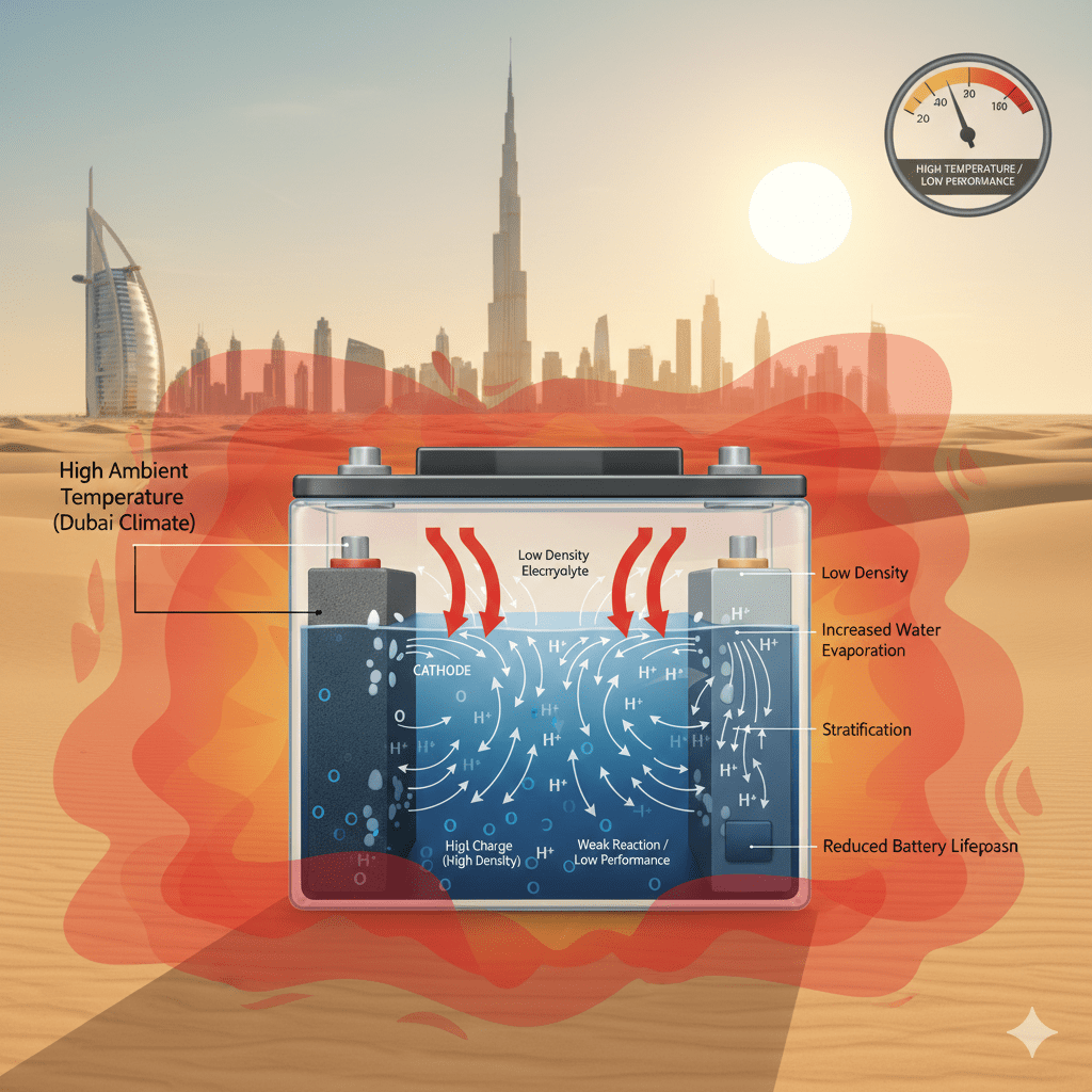 Heat effects on battery density in Dubai conditions.
