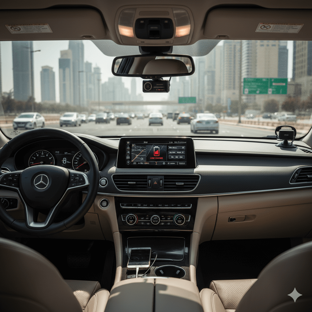 Car in Dubai traffic using multiple electronics during short trips causing battery drain.
