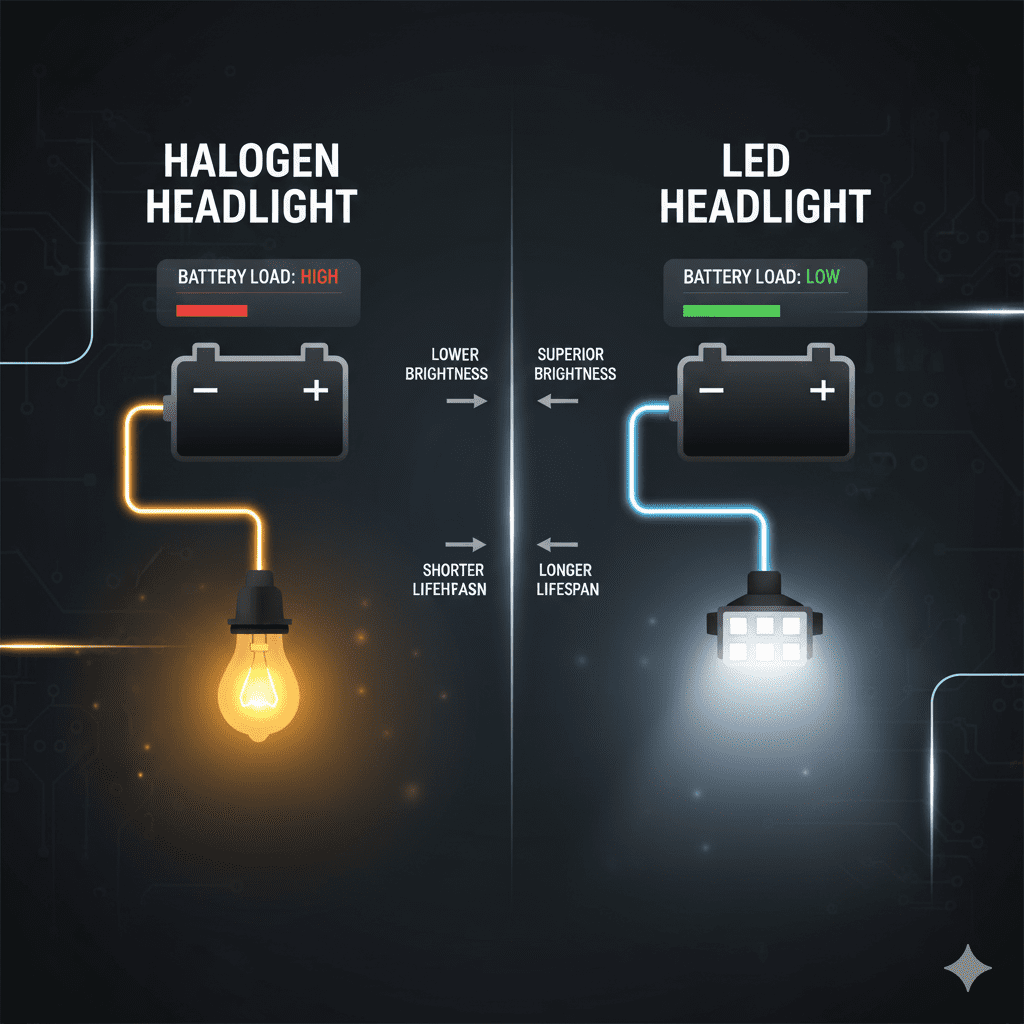 LED vs halogen headlights battery load comparison