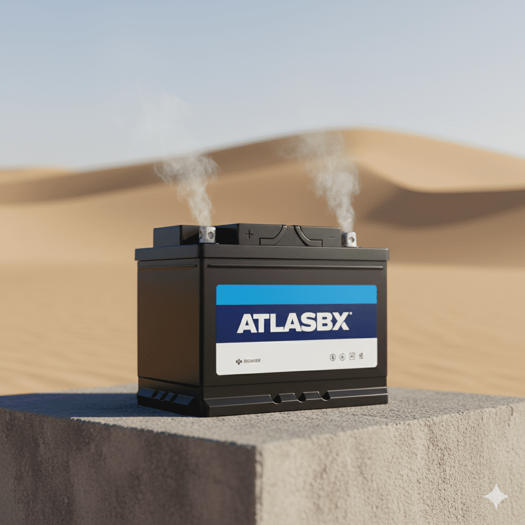 Standalone AtlasBX car battery with clear branding, suitable for high-heat Dubai conditions.