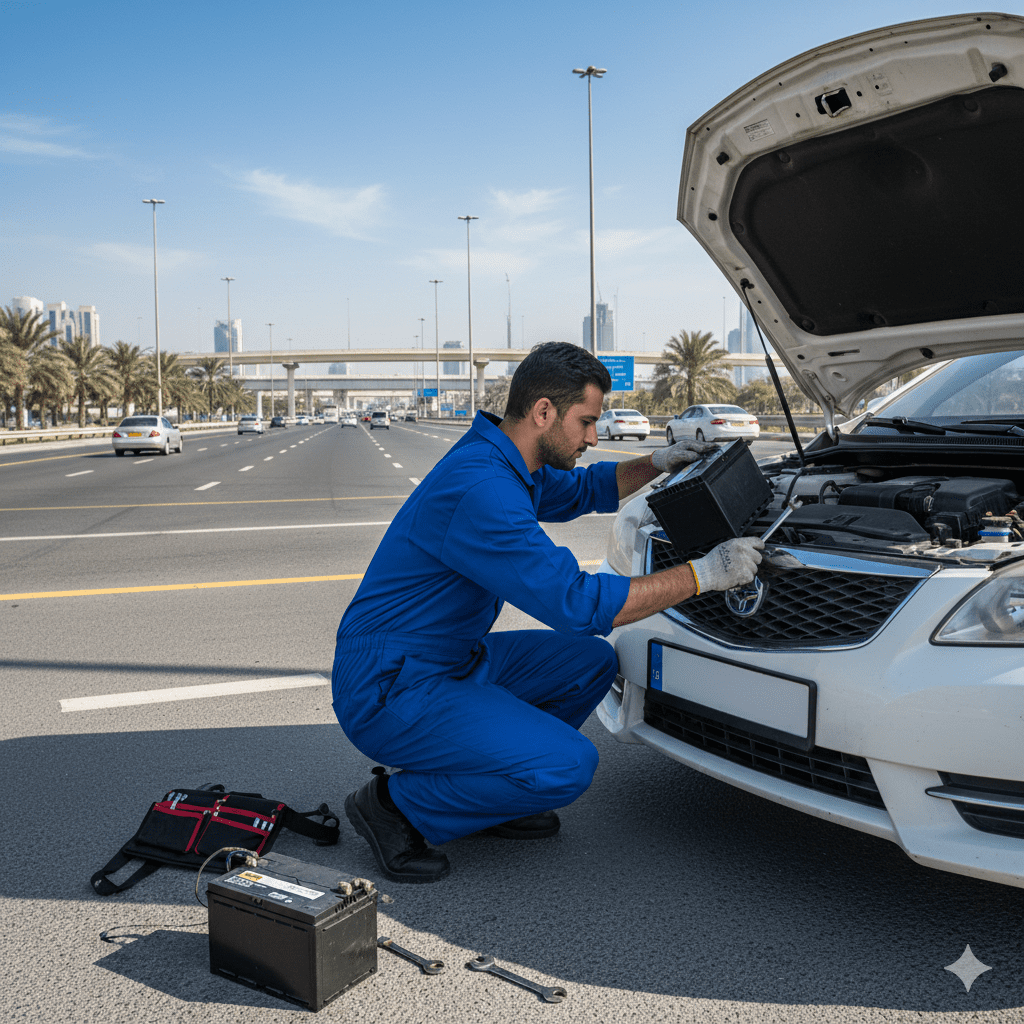 Car battery replacement near Al Khail Road by skilled technician