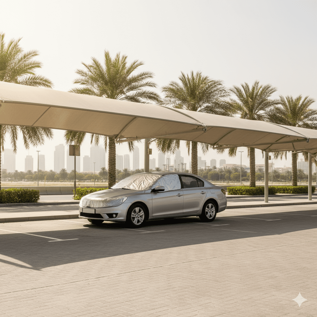 Car parked under shade to protect battery from heat.