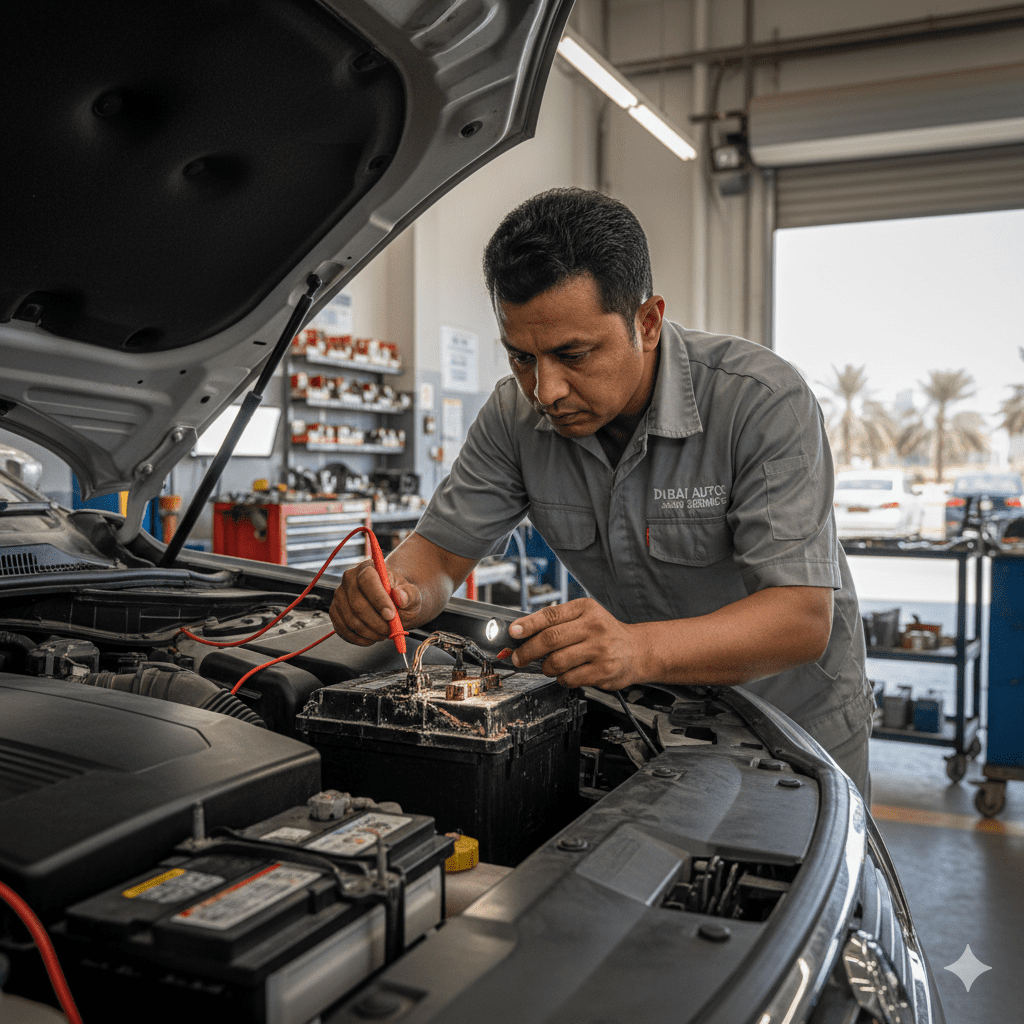 Mechanic inspecting overheated wiring near car battery in Dubai.