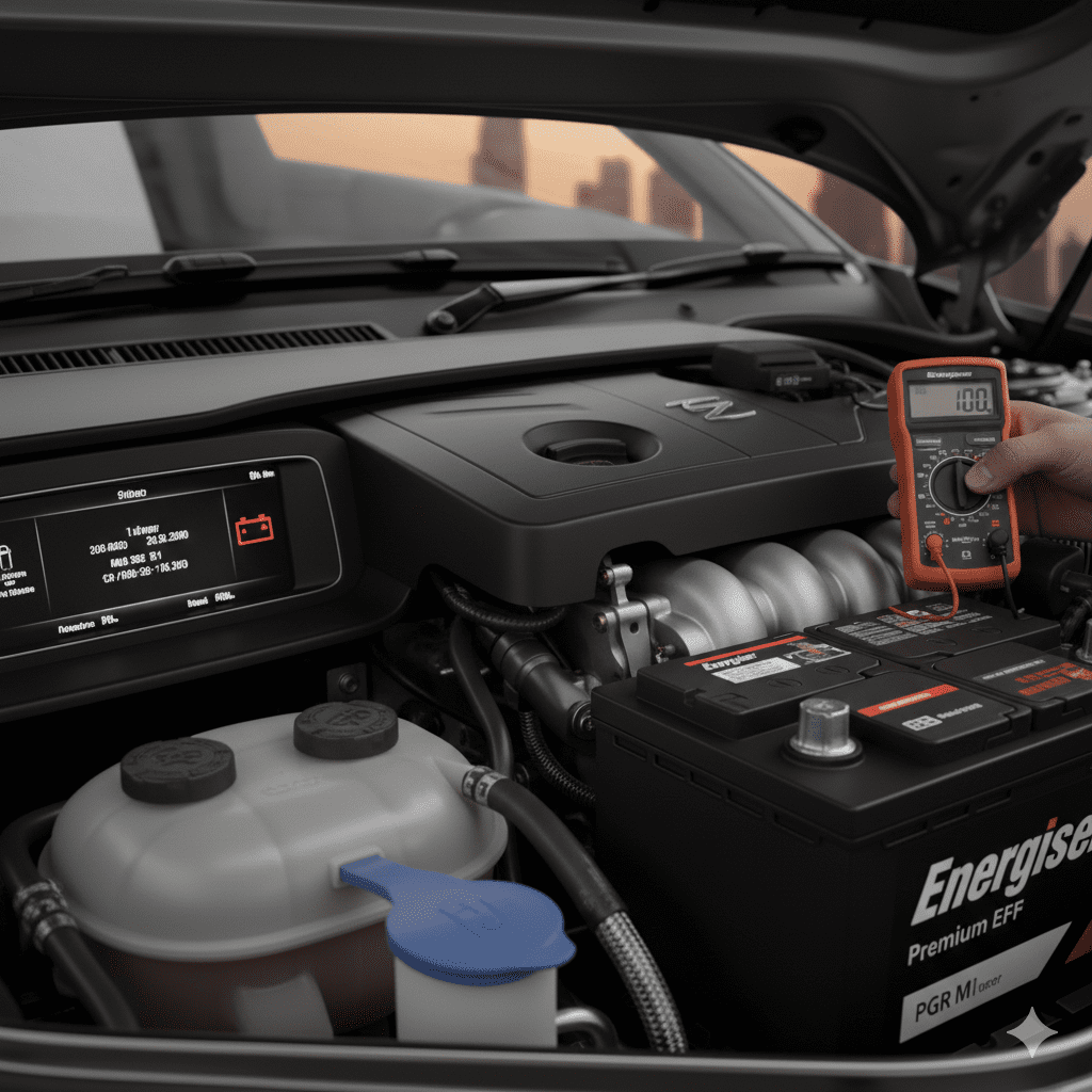 Signs of Energiser car battery needing replacement in a Dubai car.