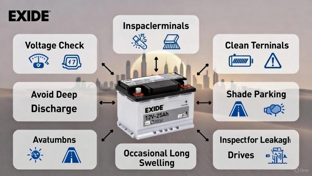 Infographic showing maintenance tips for Exide 12V‑25Ah battery, including regular voltage checks, cleaning terminals, avoiding deep discharge, parking in shade, occasional long drives, and inspecting for leakage or swelling for Dubai conditions.