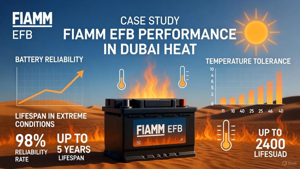 "FIAMM EFB battery performance case study in Dubai heat showing reliability, lifespan, and temperature resistance."