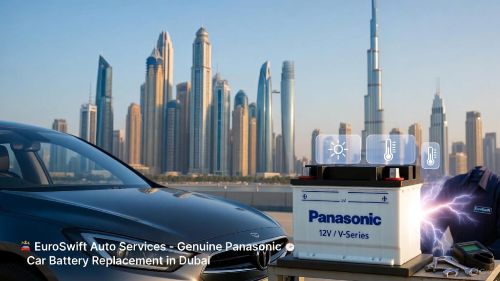 “Panasonic 12V car battery installed by EuroSwift technician in Dubai with city skyline background”