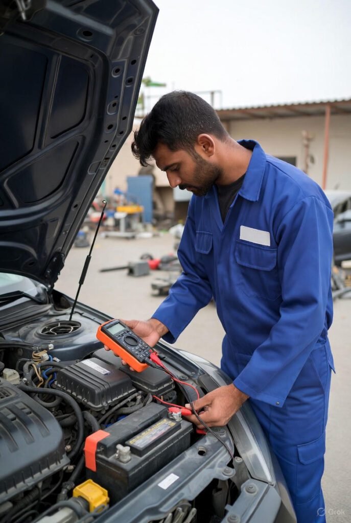 Car battery diagnosis and multimeter testing in Dubai