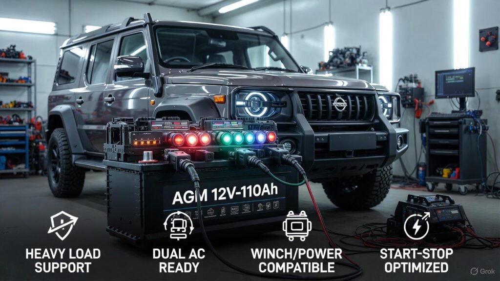 "AGM 12V-110Ah High-Performance Battery for Heavy Electrical Loads — Premium Visual" "AGM 12V-110Ah high-performance battery for heavy electrical loads beside a premium SUV in a modern Dubai workshop"