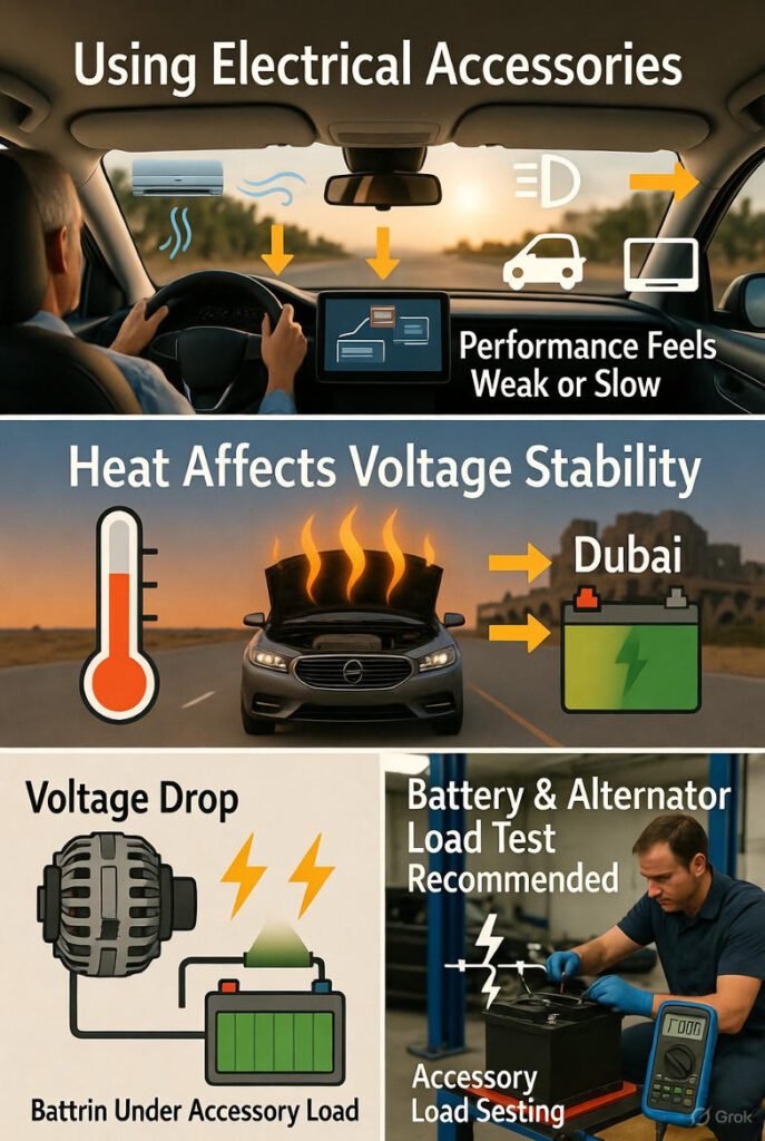 Electrical accessories like AC, headlights and windows feel weak due to heat causing unstable battery voltage and reduced power.