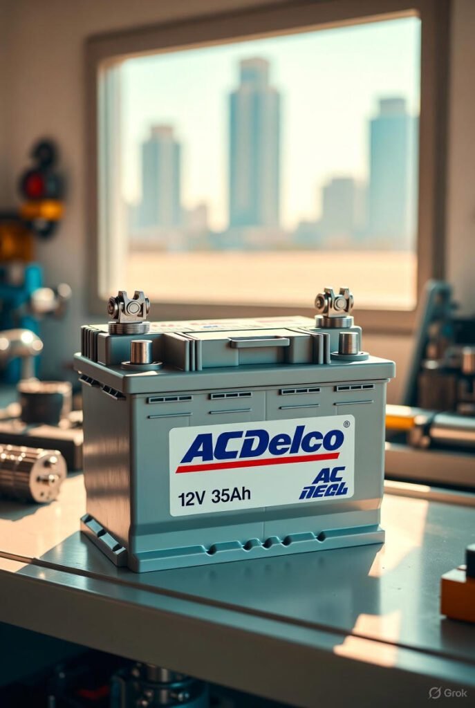  AC Delco 12V-35Ah car battery displayed on a workshop bench in Dubai with sunlight and skyline.