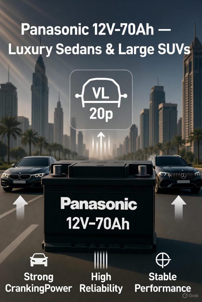 Panasonic 12V–70Ah Car Battery Dubai | Luxury Sedans & Large SUVs Panasonic 12V–70Ah battery for luxury sedans and large SUVs in Dubai streets