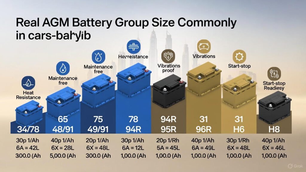 "AGM Battery Group Sizes – Real Automotive Visual Guide" "Visual guide showing real AGM car battery group sizes with labeled 3D representations, heat resistance, maintenance-free, and start-stop icons"