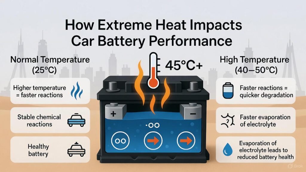 Infographic showing a car battery in high heat with chemical reactions speeding up inside, thermometer and sun icons, and labels explaining faster degradation in hot climates.