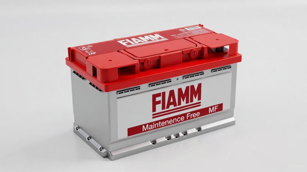 FIAMM Maintenance Free MF automotive battery in high-resolution on a clean white studio background.