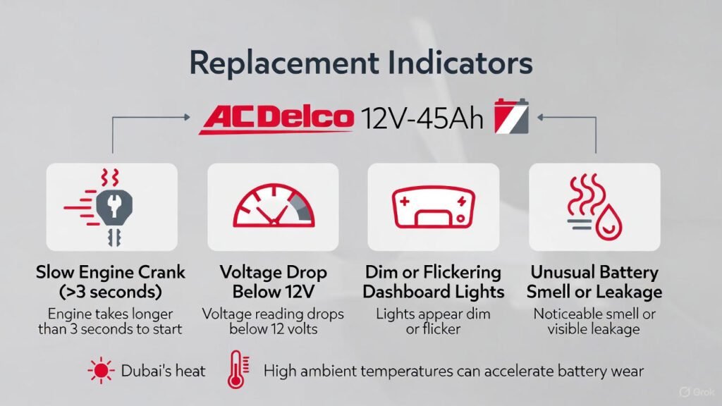 Visual guide showing replacement indicators for AC Delco 12V‑45Ah battery including slow crank, voltage drop, dashboard flickering, battery smell or leakage, and swelling, with Dubai heat consideration.