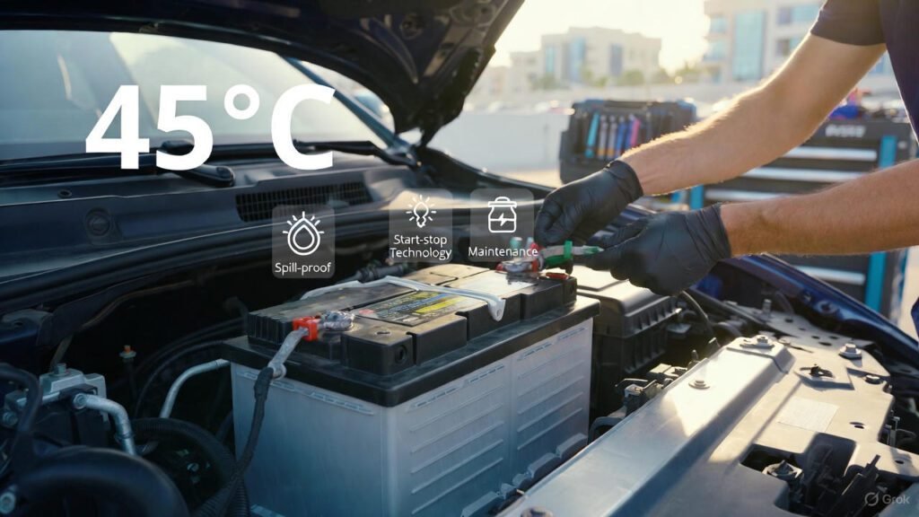 “AGM 12V-110Ah car battery installation for luxury SUV in Dubai heat by EuroSwift Auto Services technician”
