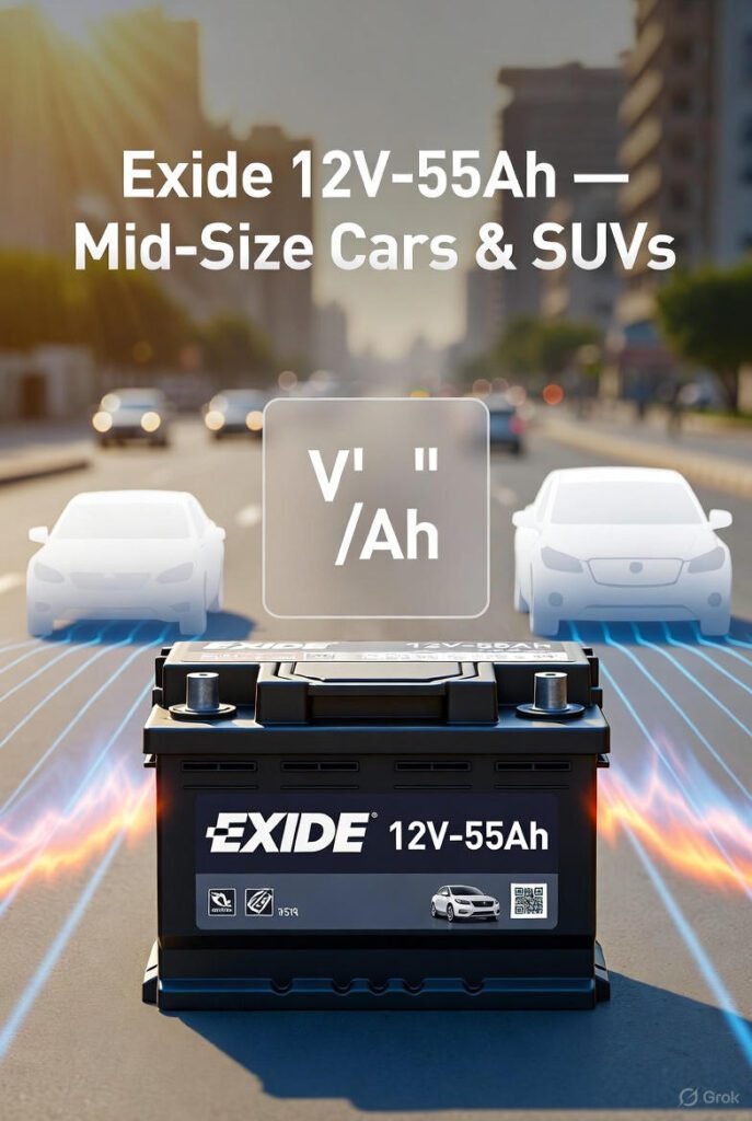 Exide 12V–55Ah Car Battery Dubai | Mid-Size Cars & SUVs Exide 12V–55Ah battery for mid-size cars and SUVs in Dubai urban streets
