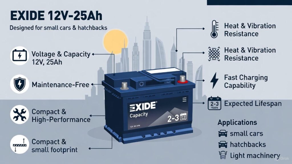 Infographic showing Exide 12V‑25Ah battery for small cars and hatchbacks, highlighting voltage, capacity, maintenance-free design, compact size, heat and vibration resistance, fast charging, lifespan, and applications.