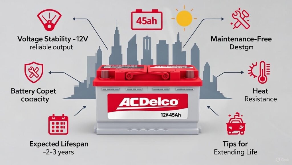Infographic of AC Delco 12V‑45Ah battery showing voltage stability, 45Ah capacity, maintenance-free design, heat resistance, replacement indicators, expected lifespan, and tips for prolonging battery life in Dubai.