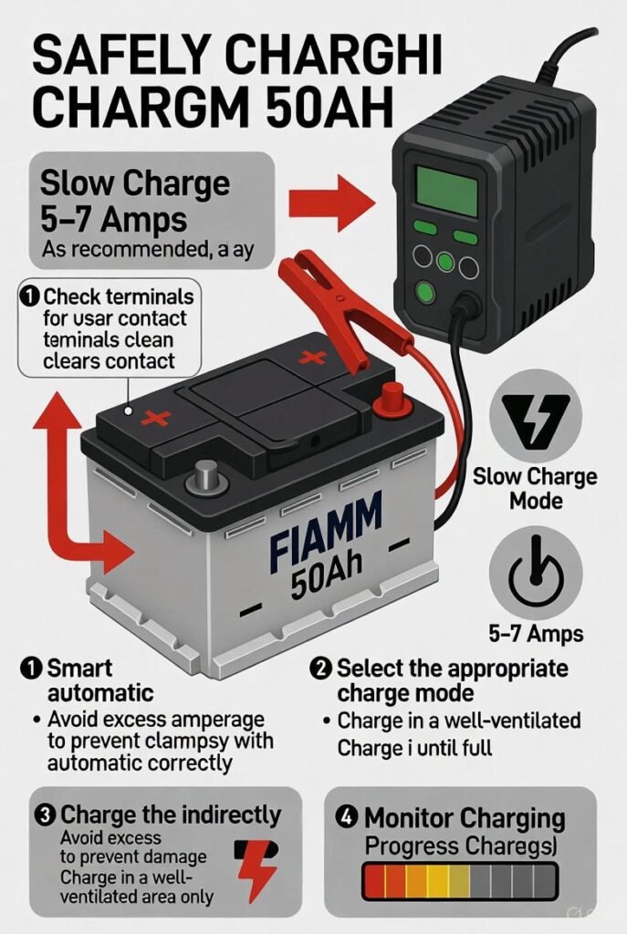 Instructional infographic of a FIAMM 50Ah car battery slow charging at 5–7 amps, showing correct clamp placement, charging mode selection, progress indicator, and safety notes for proper slow charging.