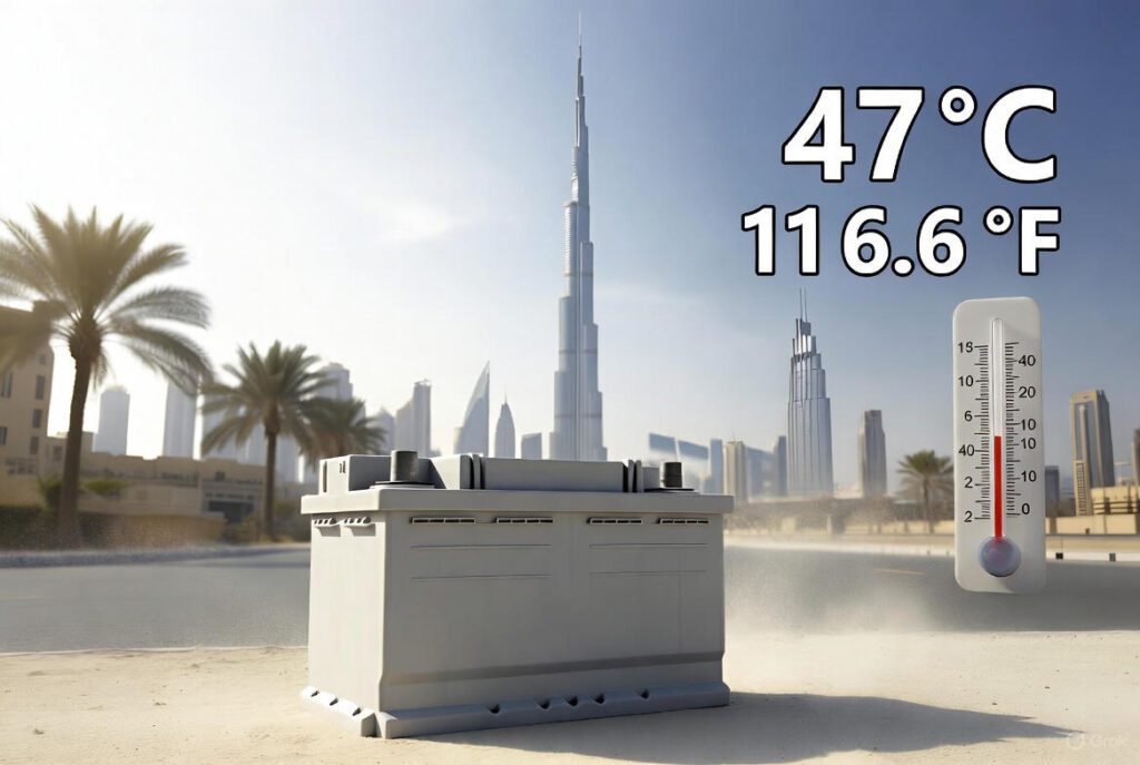 Car battery overheating under Dubai sun with heatwave effect and 47°C temperature