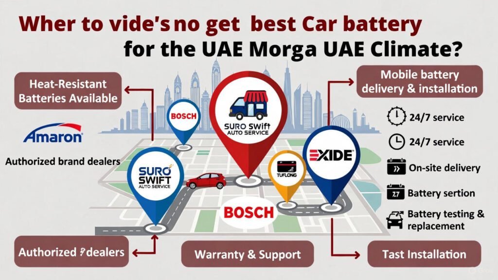 Infographic showing locations and options to get the best car battery for the UAE climate with markers for Suro Swift Auto Service, authorized brand dealers, and mobile battery delivery services.