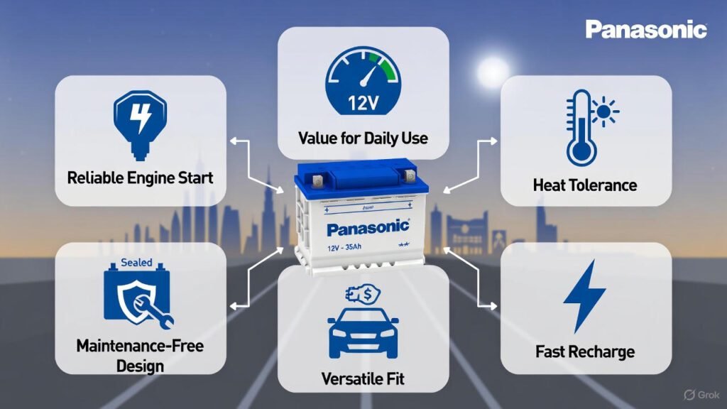 Infographic showing why to choose Panasonic 12V – 35Ah battery for compact cars, highlighting reliable engine start, maintenance-free design, heat tolerance, fast recharge, versatile fit, and value for daily use in Dubai conditions.