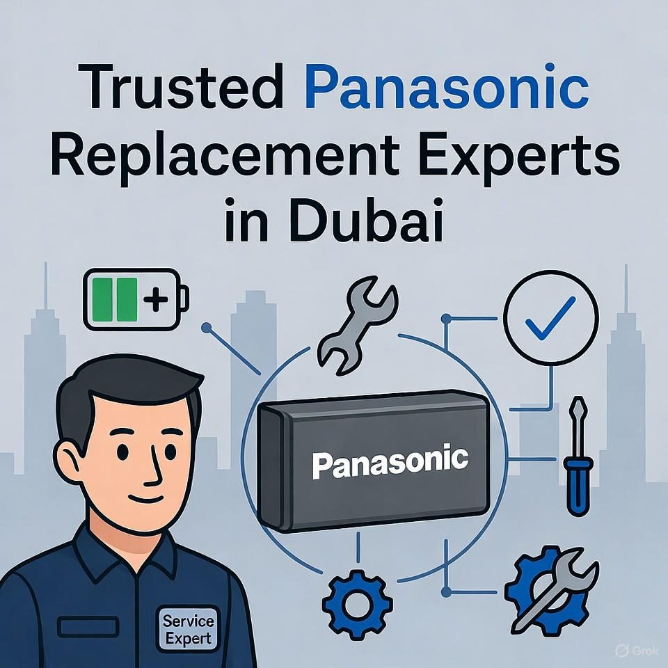 EuroSwift — Dubai’s Trusted Panasonic Battery Replacement Experts Illustration of EuroSwift service center in Dubai replacing a Panasonic battery, showing a technician with tools, clean and professional vector design, highlighting reliability and expertise in battery replacement.