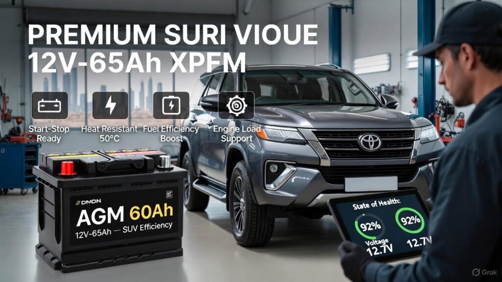 “Engineered for SUVs in Dubai — AGM 60Ah / 12V-65Ah delivers heat resistance and start-stop efficiency.” “AGM 60Ah 12V-65Ah SUV Efficiency battery tested beside SUV in Dubai workshop”