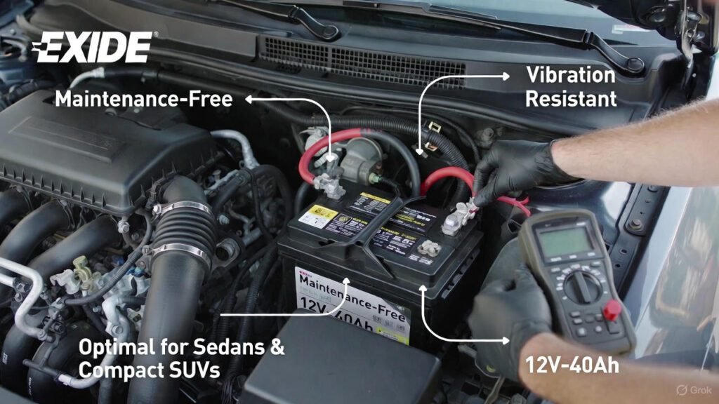 Exide 12V-40Ah battery installation and maintenance guide in a sedan engine bay