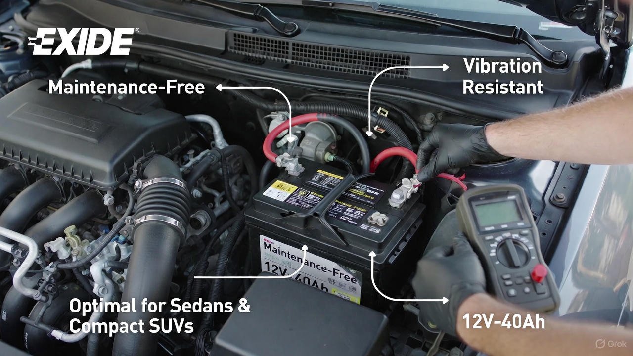 Exide 12V-40Ah battery installation and maintenance guide in a sedan engine bay
