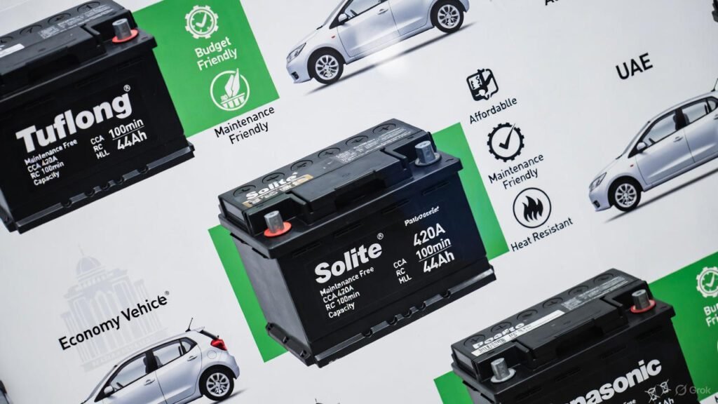Alt Text: Best budget car batteries for Mitsubishi, Suzuki, and small Hyundai cars in UAE — Tuflong, Solite, Panasonic affordable heat-resistant options.