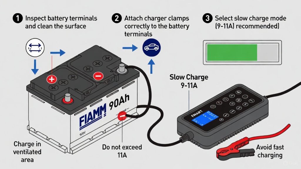 Infographic of a FIAMM 90Ah car battery slow charging at 9–11 amps, showing correct terminal clamp connection, step-by-step charging settings, progress indicator, and safety notes such as ventilation and avoiding high amperage.