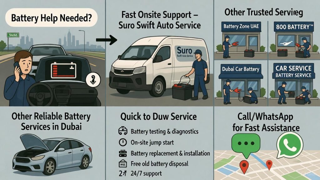 Infographic showing options to get car battery help in Dubai with an illustration of mobile service like Suro Swift Auto Service and other trusted battery service shops, showing services like testing, jump-start, and replacement.