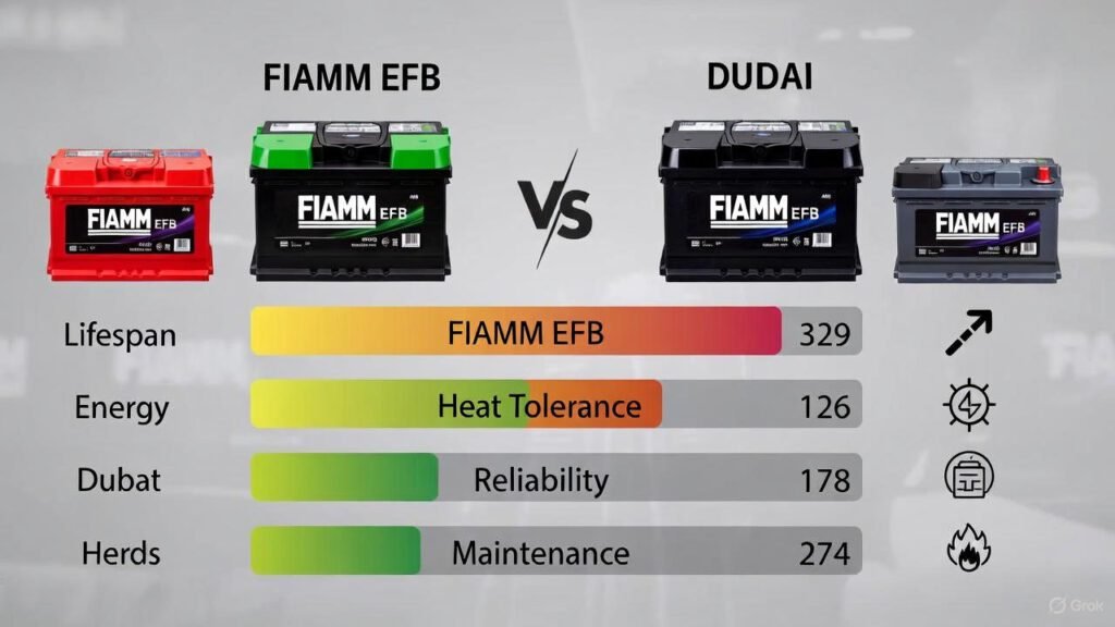 "Comparison of FIAMM EFB battery with other brands showing lifespan, heat tolerance, and performance metrics."