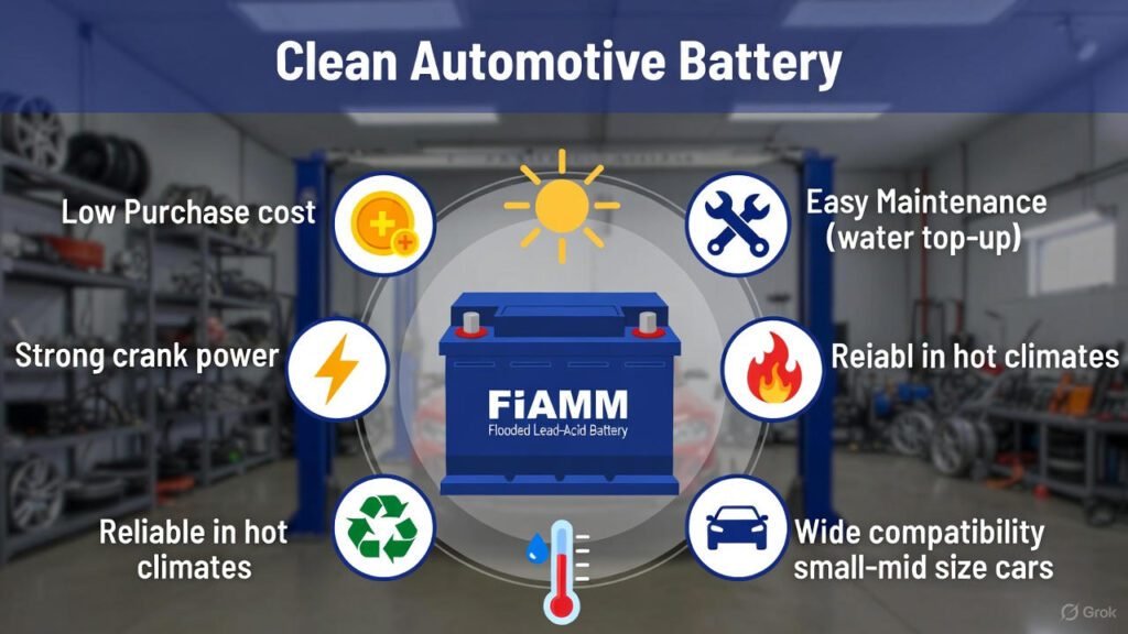 Infographic showing the advantages of FIAMM flooded lead-acid car batteries: affordable price, easy maintenance, strong starting power, reliable in UAE heat, and compatibility with common vehicles