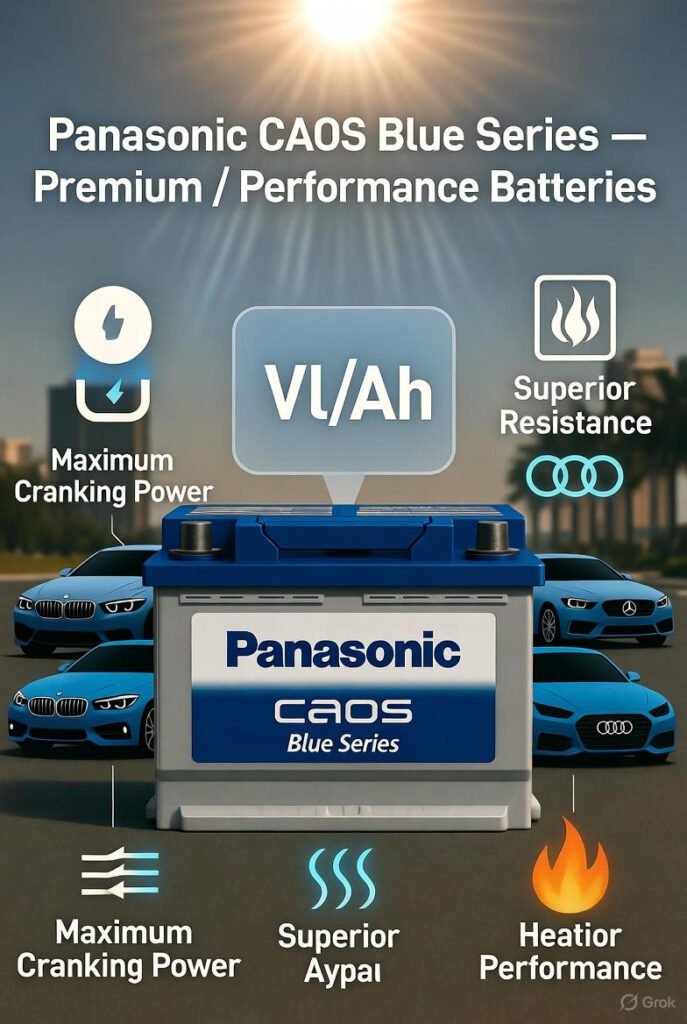 Panasonic CAOS Blue Series Car Battery Dubai | Premium & Performance Vehicle Panasonic CAOS Blue Series battery for premium and performance cars in Dubai streets