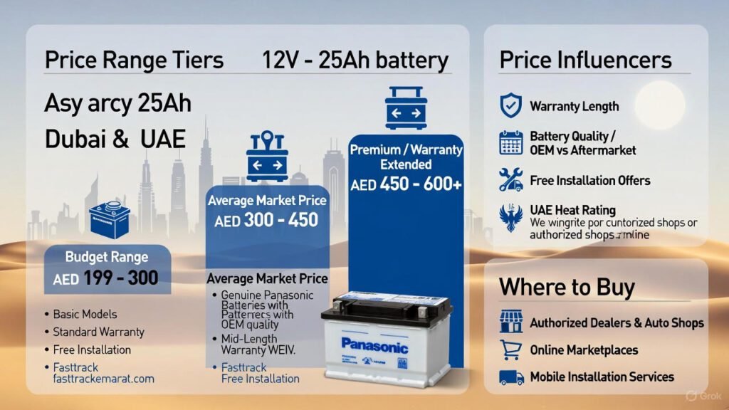 Infographic showing Panasonic 12V – 25Ah battery price range in Dubai (AED 199–600+), with icons for warranty length, installation options, market price tiers, and where to buy in UAE.