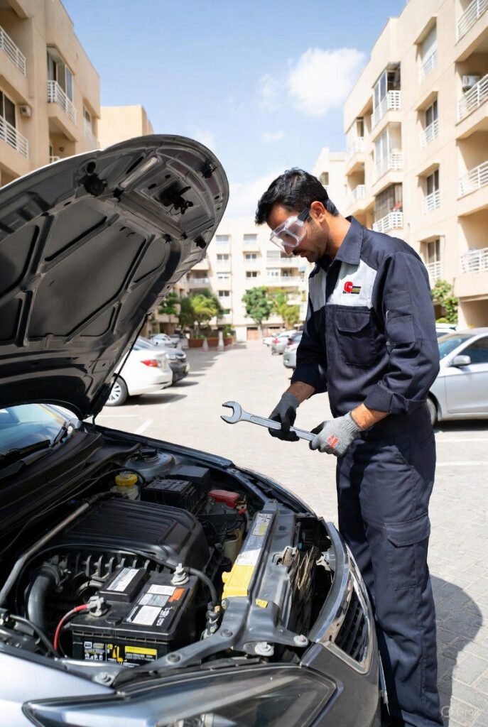 Mobile car battery fitting at home in Dubai