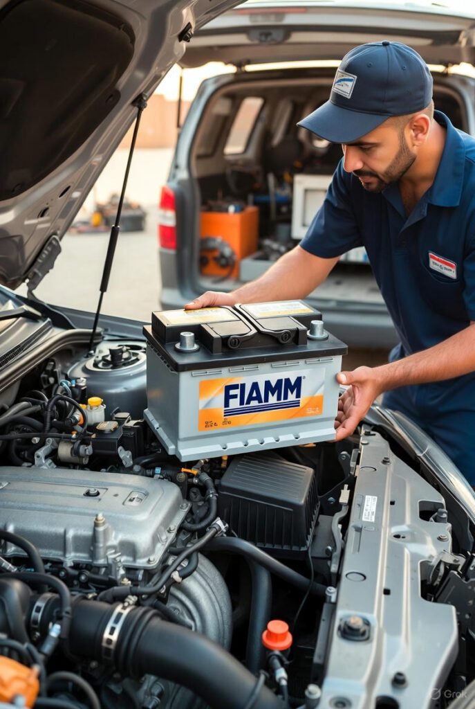 Mechanic installing a FIAMM car battery in Dubai at EuroSwift Auto Services
