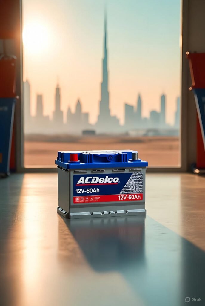 AC Delco 12V-60Ah car battery on a reflective workshop floor in Dubai with desert sunlight and skyline blur.