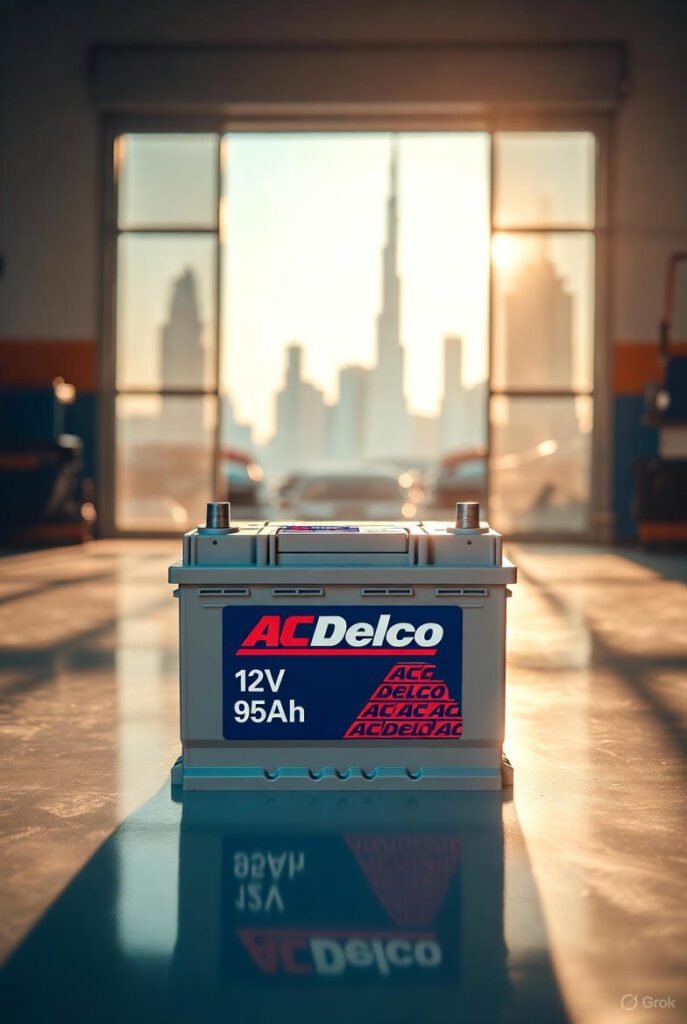 AC Delco 12V-95Ah car battery on a reflective floor in a Dubai workshop with desert sunlight and blurred skyline.