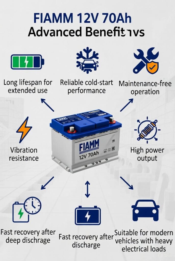 "Infographic showing advanced benefits of FIAMM 12V 70Ah battery, including long lifespan, cold-start reliability, maintenance-free operation, and high power output."