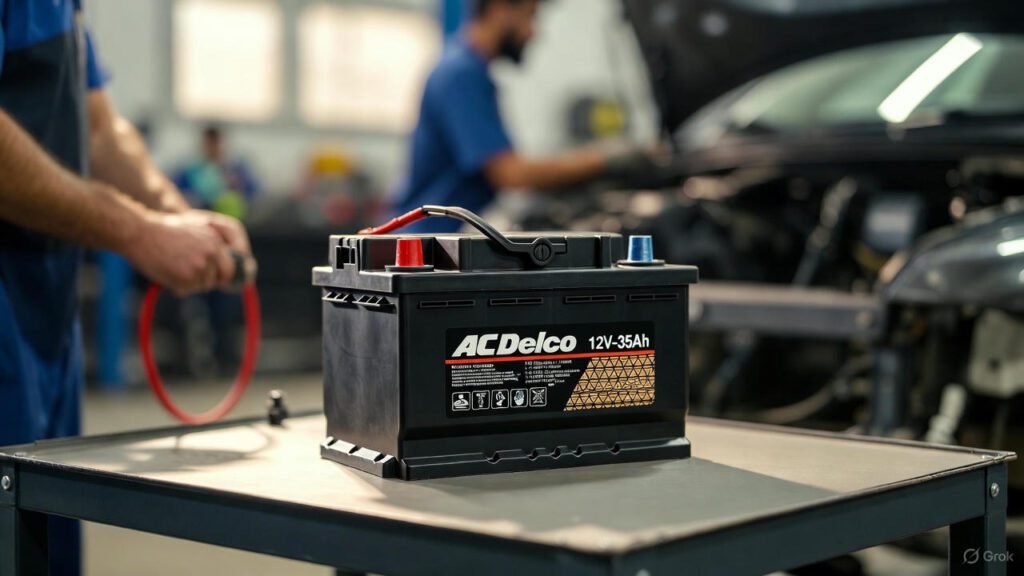 AC Delco 12V-35Ah car battery installation in a Dubai auto garage