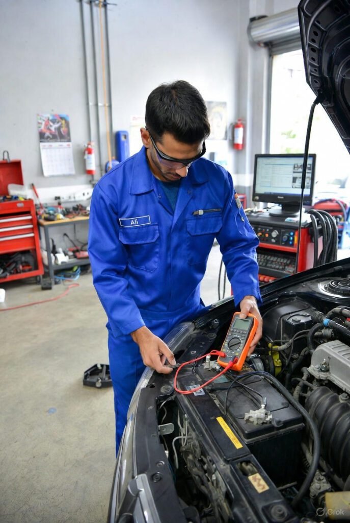 Car battery voltage testing with multimeter in Dubai