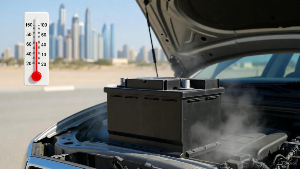 Car battery exposed to Dubai heat with skyline and temperature indicator