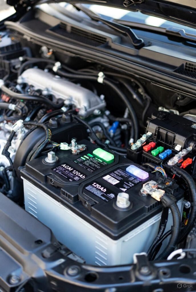 "Checking AGM 120Ah battery terminals"