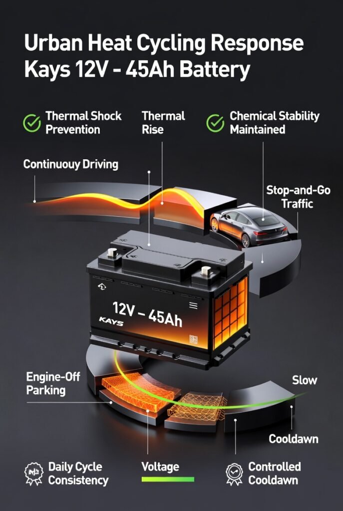 Kays 12V – 45Ah car battery urban heat cycling performance showing stable temperature and voltage consistency