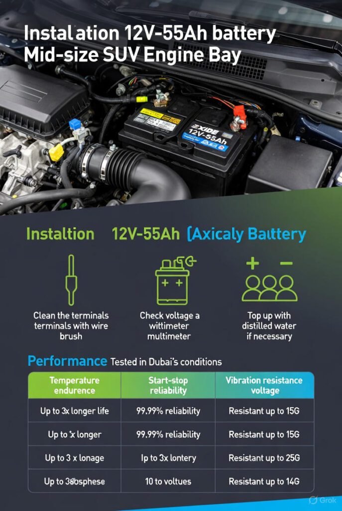 Properly installed Exide 12V-55Ah in a mid-size SUV engine bay.